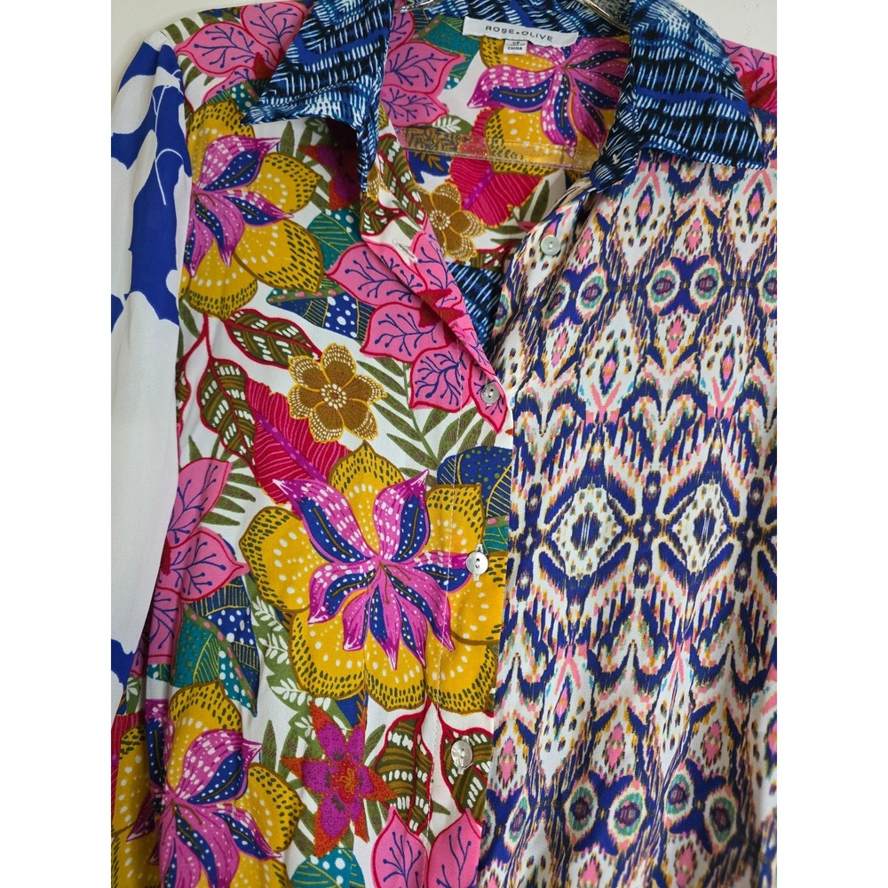 Rose & Olive Colorblock Blouse Floral Abstract Colorful Festive Artsy Bright XS